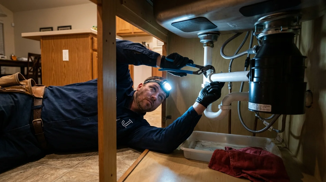 P-trap and supply line connections under a kitchen sink showing a common leak point in Clearfield, PA